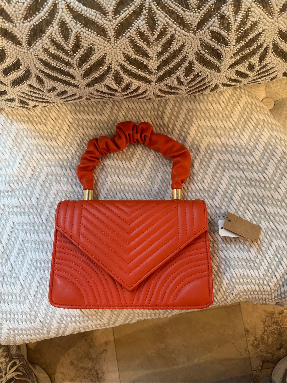 Ruched-Handle Mini Top-Handle Bag in Orange